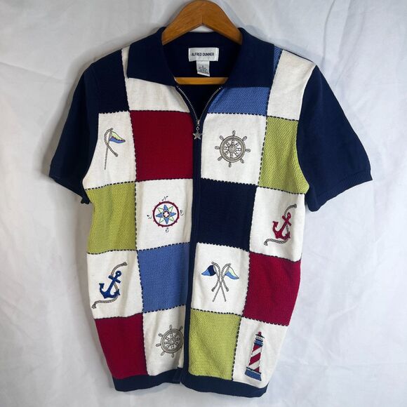 Nautical Embroidered Beaded Zip Up Short Sleeve Sweater Alfred Dunner Size Small - Picture 10 of 10